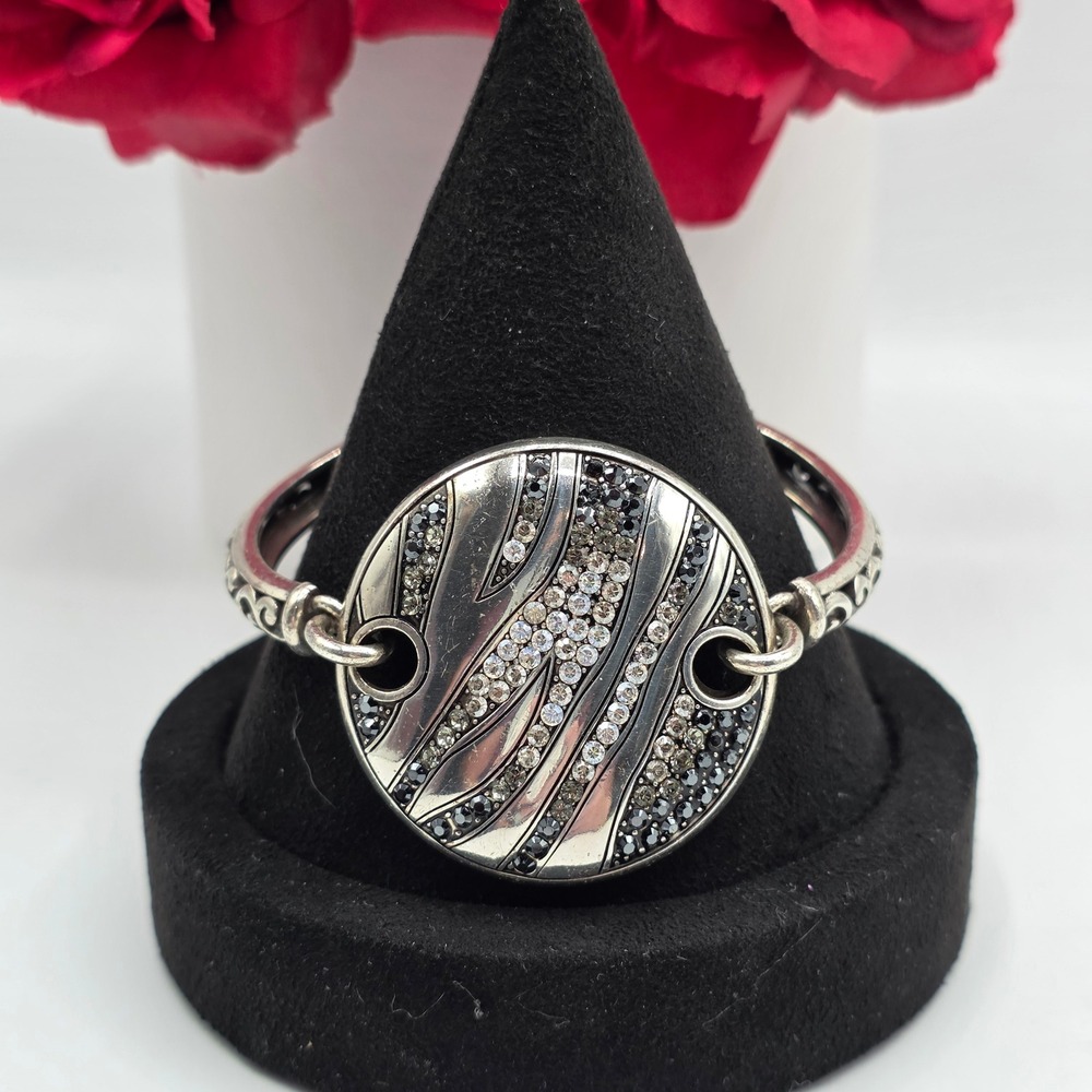 Brighton Zebra Print Crystal Medallion‎ Silver Tone Scroll Bangle Bracelet